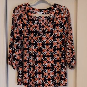 Crown & Ivy XL 3/4 sleeves V-neck Black and Orange Patterned Blouse